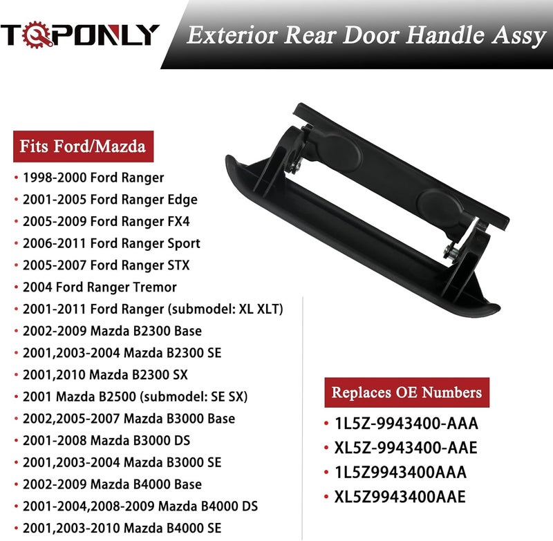 TQPONLY TQPONLT Tailgate Door Handle | Compatible with 1998-2011 Ford Ranger,2001-2010 Mazda B2300 B3000 B4000 Truck | Replace 77872 1L5Z-9943400-AAA Rear Tail Gate Latch Handle (Textured Black) - Image 3